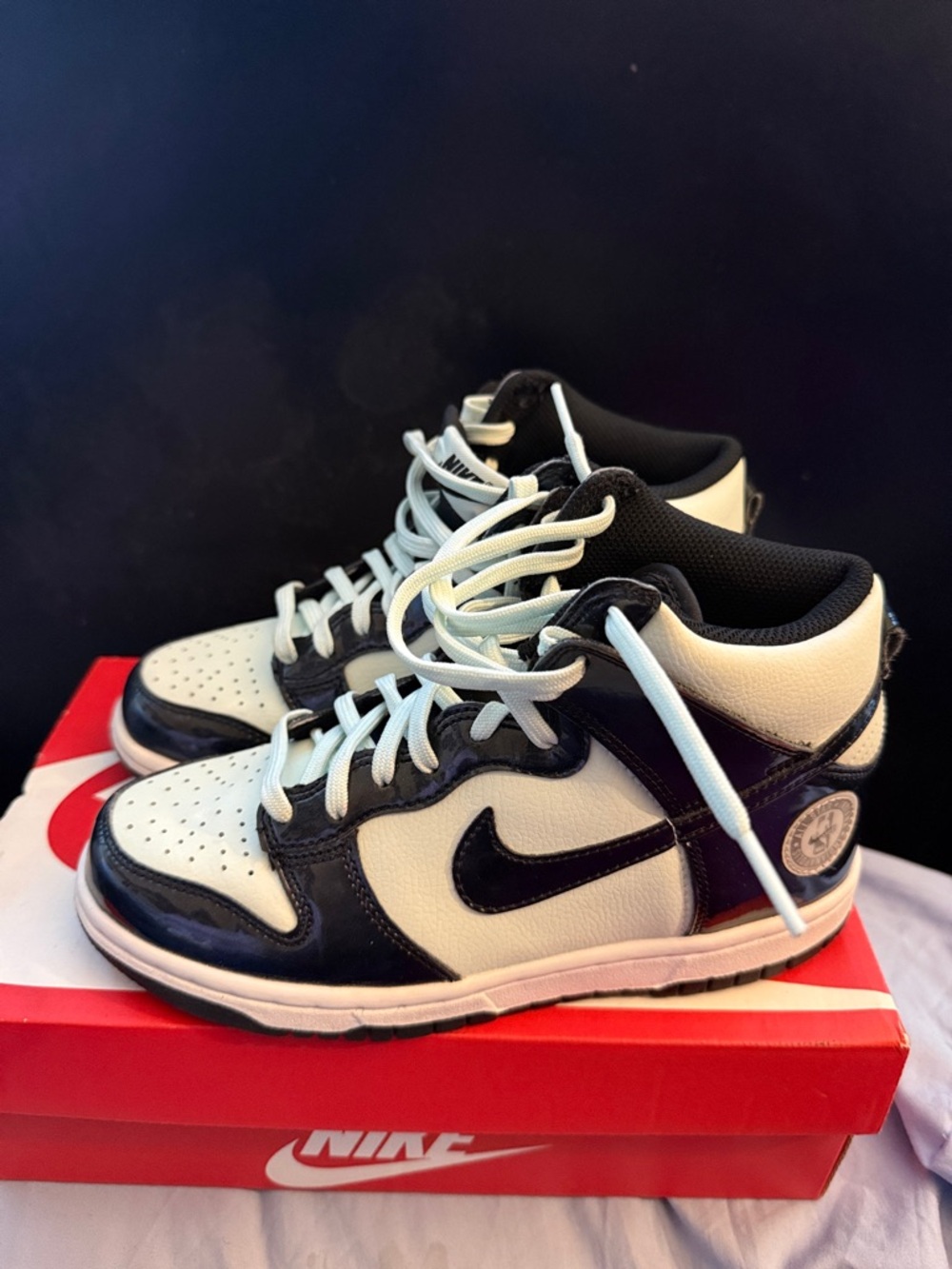 Nike Kids Black and White High-Top Sneakers with Light Blue Laces